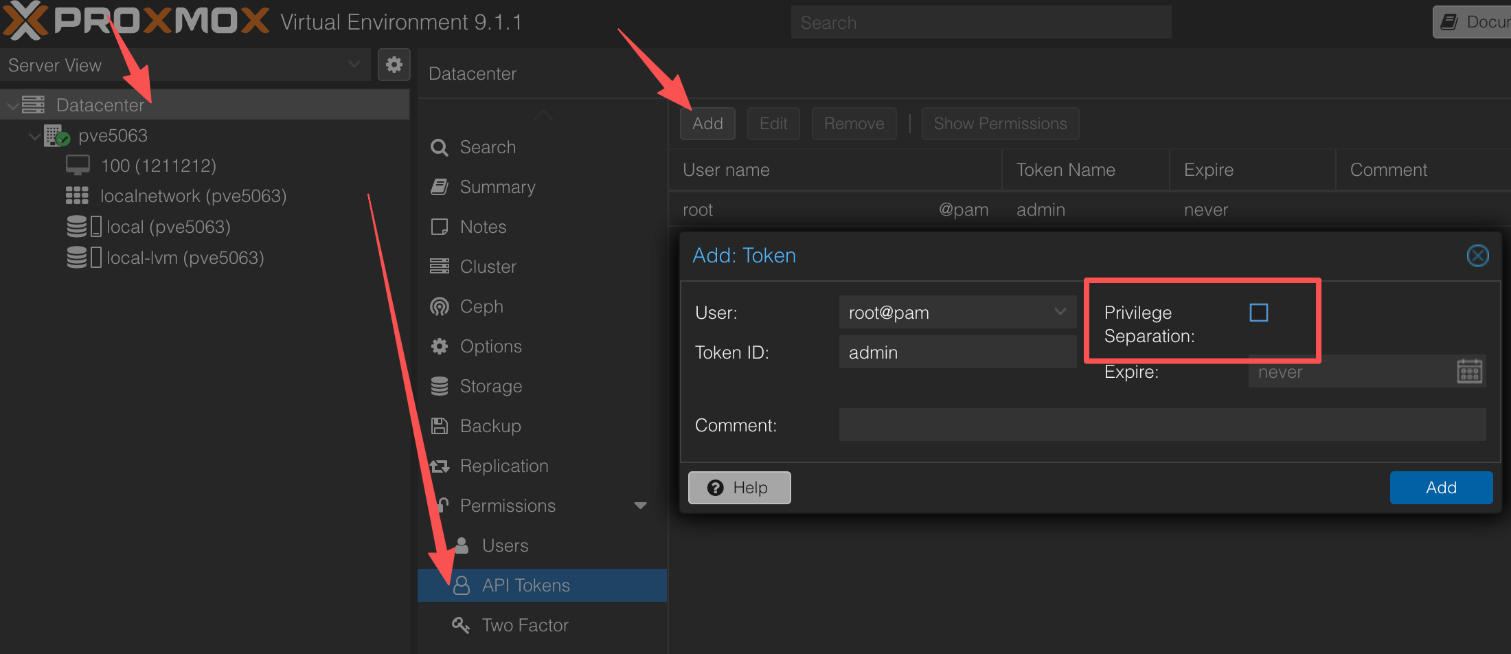 Proxmox API Token Add Interface